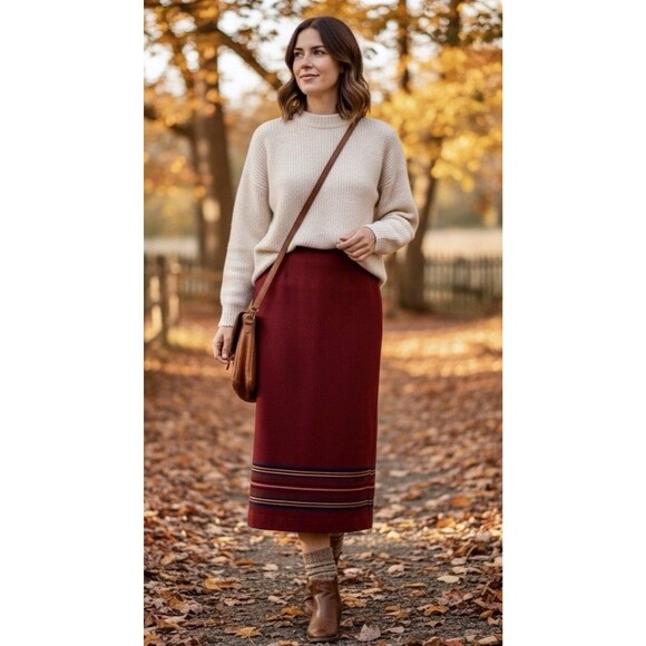 Eddie Bauer Women’s Wool Blend Red Wrap Skirt Folk Artsy Modest Artisan Sz 8P - Picture 2 of 9